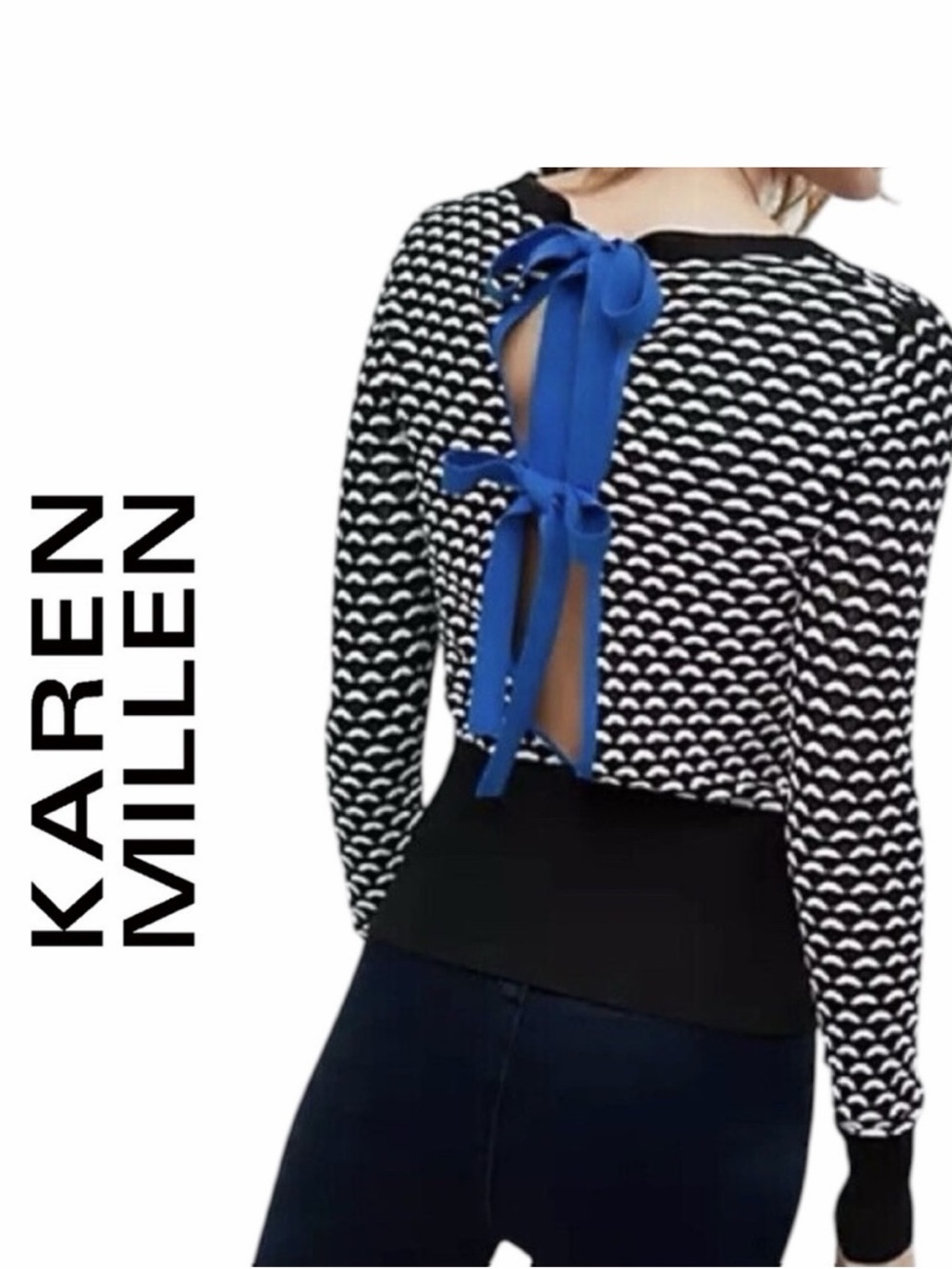 Karen Millen Monochrome Knit Sweater Open Back Blue Contrast Bows - Size XS
